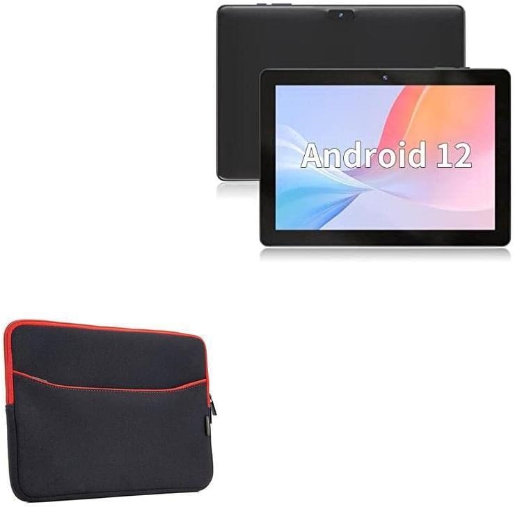 BoxWave Case Compatible with SGIN Android 12 Tablet E10P (10 in) - SoftSuit with Pocket, Soft Pouch Neoprene Cover Sleeve Zipper Pocket - Jet Black with Red Trim