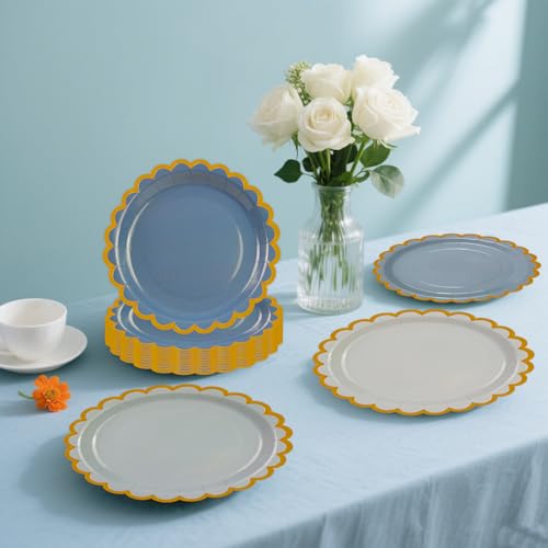 DHAIQC 48PCS Blau Pappteller 18cm, Farbverlauf Blau Partyteller mit Gewellter Goldrand Einwegteller Dessertteller Kuchenteller für Geburtstag Hochzeiten Jubiläums