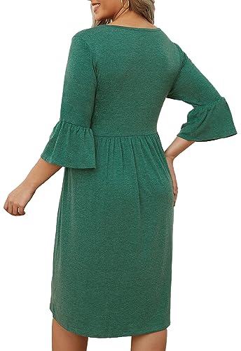 Image of Women's Plus Size 3 /4 Sleeve Casual Dress V Neck Spring Summer Tshirt Empire Waist Ruffle Midi Dresses