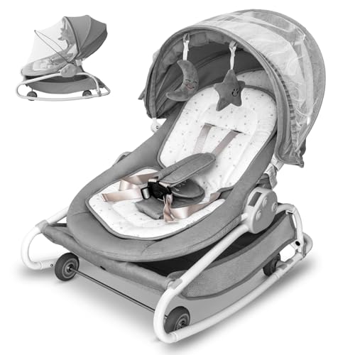 Image of Cutebeams 4-in-1 Electric Baby Swing, Electric Baby Bouncer, Dining Chair, Removable Rocker with 16 Preset Melodies, 0-30 Months Max 33 lbs, Grey,No Power Bank Included