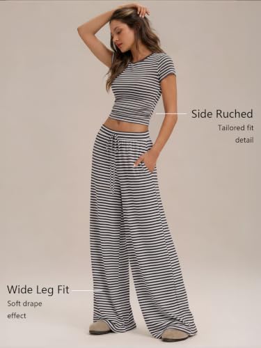 Image of Trendy Queen 2 Piece Matching Summer Lounge Set Womens Side Ruching Top Wide Leg Pants Sets with Pockets