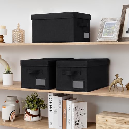 Image of GRANNY SAYS Storage Bins with Lids, Linen Storage Bins for Shelves, Decorative Storage Boxes, Clothes Storage and Organization, Storage Boxes for Organizing, 3-Pack, Black