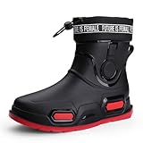 [Vedica] 作業長靴 メンズ レインブーツ 厚底 レインシューズ ブーツ 短靴 防水 雨靴 防滑 農作業 靴 台風 完全防水 おしゃれ アウトドア 晴雨兼用 ショート丈 ハイブリッド (3#ブラック/レッド,27.0 cm)