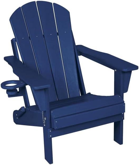 Folding Adirondack Chair with Side Table, 3-Piece Adirondack Chair Set, White (Navy Blue + HDPE + American Design + Beach + Casual + Classic + Coastal-1)