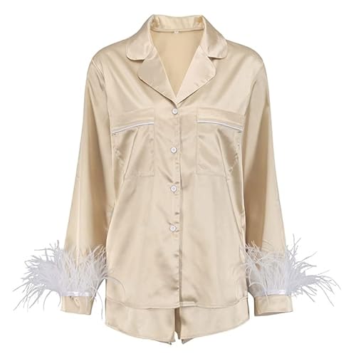 Maouira Ensemble de pyjama pour femme - Haut avec pantalon court - Pyjama décontracté à plumes - Pyjama en satin de soie - Pyjama deux pièces boutonné Cover