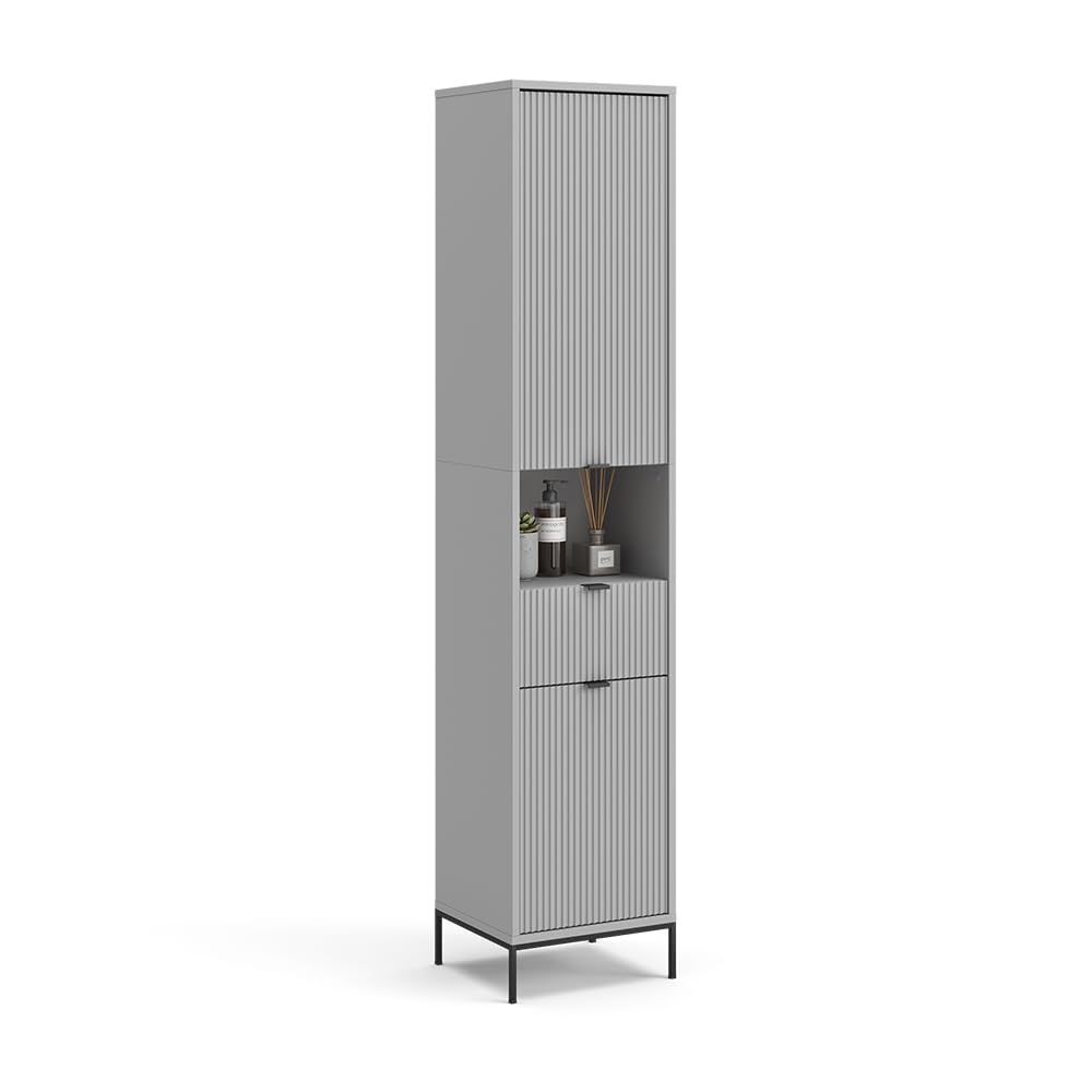 Vicco Badschrank Eliza, Grau, 40 x 190 cm | mit Türen, und Schublade, zur Aufbewahrung von Badutensilien und kombinierbar mit Eliza-Reihe