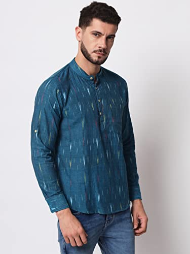 Image of Vastraa Fusion Men's Handloom Weaving Pure Cotton Short Kurta, Round Collar, Full Sleeves,Button Kurta, Ethnic Wear