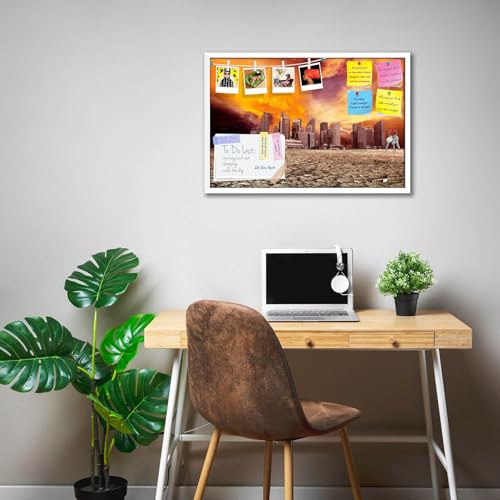 Image of ArtzFolio City Overlooking Desolate Desert | Bulletin Board Notice Pin Board | Vision Soft Board Combo with Thumb Push Pins & Sticky Notes | White Frame | 36 x 24 inch (91 x 61 cms)