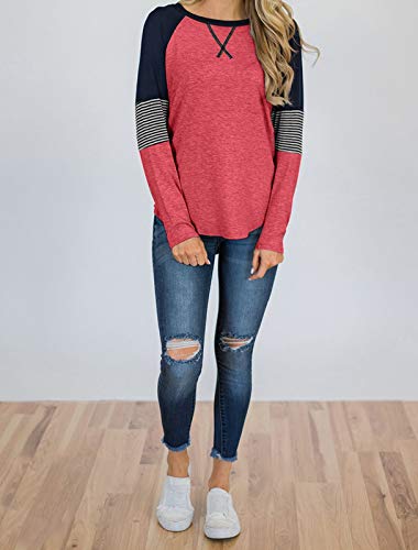 Hilltichu Womens Color Block Round Neck Tunic Tops Casual Long Sleeve Shirt Blouse Peach