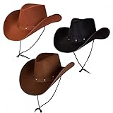 Pack of 3 x Adult Texan Cowboy Hats (1 x Black + 1 Brown + 1 x Dark Brown) : Wild West Rodeo Cowgirl Fancy Dress Accessory