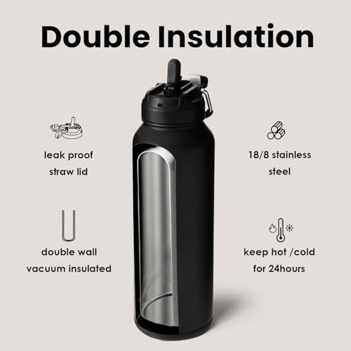 BOTTLE BOTTLE Insulated Water Bottle with Straw 1180ml(40oz) Sports Stainless Steel Water Bottles with Handle Lid Outdoors Drink Flask for Pills (black) - Image 3