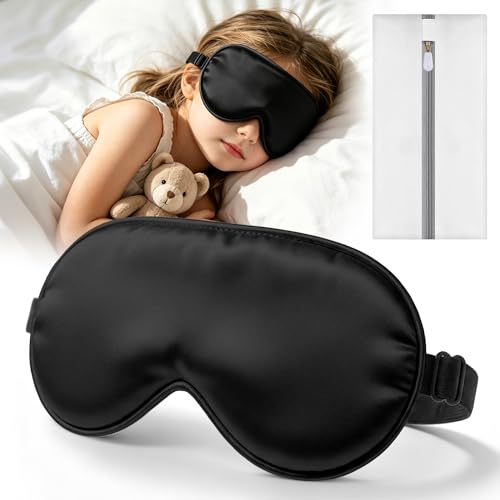 Kids Sleep Mask Eye Cover Silk Sleeping Mask for Kids Soft Blackout Blindfold Eye Mask with Adjustable Strap & Laundry Bag for Easy Washing Gift for Girls Boys Ages 5-15 (Black)