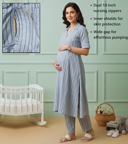 Image of DUMMY SHAPE Feeding Dresses for Women Full Set | Cotton Blend Maternity Kurta Pant Suit with Dual Nursing Zippers, Side Pocket to Pre & Post Pregnancy | Mom to Be Gifts