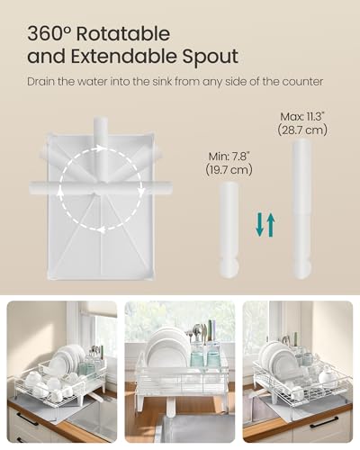 Image of SONGMICS Dish Drying Rack, Kitchen Dish Rack with Drainboard, 360 Rotatable and Extendable Spout, with Cutlery Holder, (12.2-22) x 16.5 x 7.9 Inches, Matte White UKCS552W01