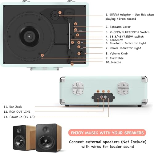 Image of RetroAudio Portable Bluetooth Vintage Vinyl Record Player Turntable