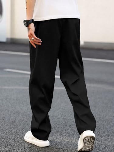 Image of MULAVRI Solid Drawstring Relexed Fit Modern Straight Leg Pants for Men's