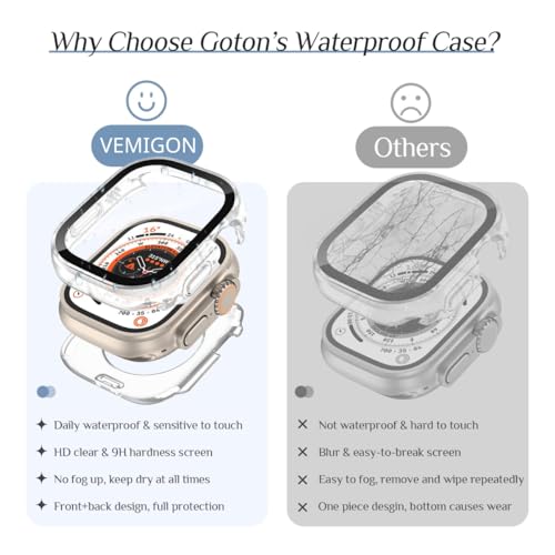 Image of VEMIGON Waterproof Case for Apple Watch Ultra 3 / Ultra 2 / Ultra with Tempered Glass Screen Protector 49mm, Full Coverage Hard PC Bumper Back Frame, Protective Cover for iWatch Ultra- (49mm Clear)