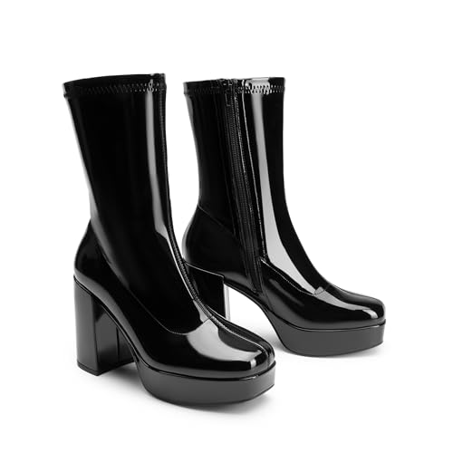 DREAM PAIRS Women's Mid Calf Gogo Boots Platform High Chunky Block Heel Square Toe Ankle Boots,Size 10,BLACK-PAT,SDMB2410W