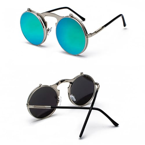 Vintage Steampunk Flip Up Hombres Gafas de Sol Mujeres Retro Redondo Marco de Metal Gafas de Sol bisagra Curva Gafas piernas UV400