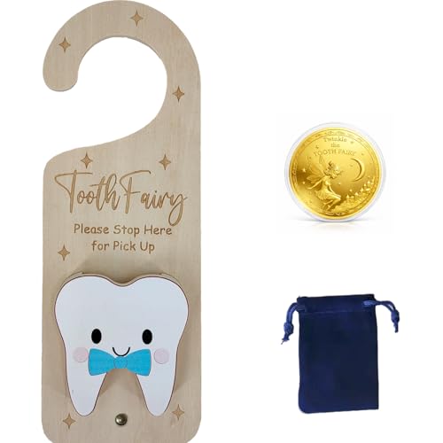 PAMBO Tooth Fairy Door Hanger, Wooden Tooth Fairy Money Holder with Tooth Coins for Lost Tooth Kids Gifts (Blue)