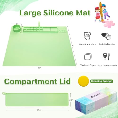 Silicone Painting Mat for Table Protection, 20"x16" Non-Slip Silicone Craft Art Mat with Cup and Lid for Painting, DIY, Resin, Clay, Green
