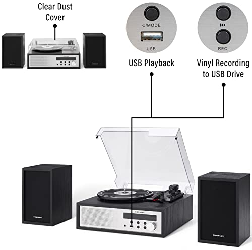 Crosley CR7022A-BK Sloane 3-Speed Bluetooth Turntable and FM Radio Shelf System with Matching Stereo Speakers, Black - Les Beatles, Paul McCartney, John Lennon, RIngo Starr, George Harrison Crosley CR7022A-BK Sloane 3-Speed Bluetooth Turntable and FM Radio Shelf System with Matching Stereo Speakers, Black – Image 4