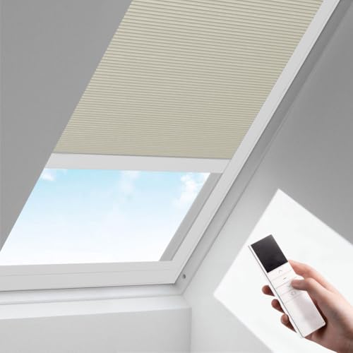 Zshine Motorized Cellular Shades Cordless Honeycomb Blinds Full Blackout Fabric Window Shades for Skylight (93021C Light Khaki) Khaki Full Blackout