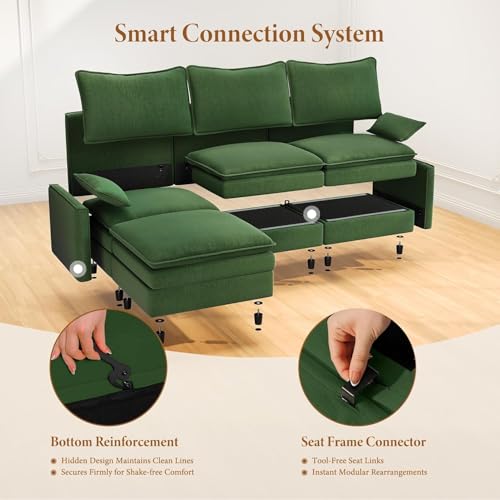 Image of Vesgantti 108 inch U Shaped Sectional Couch, Comfy Cloud Modular Sectional Sofa with 2 Ottoman Deep Seat Chenille Modern Cloud Sofa, Modular Sofas for Living Room, Bedroom and Apartment, Green