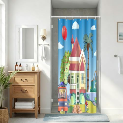 Image of Blue Them Balloon Cartoon House 36x72 Decorative Shower Curtain With Hooks | Bluey Backdrop With Cartoon House Red Balloon Print, Polyester Shower Curtain, With Hooks For Bathroom Decoration
