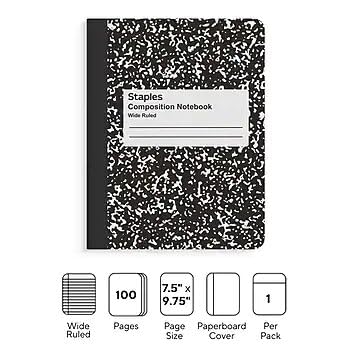 STAPLES Composition Notebook 9.75-Inch X 7.5-Inch Wide Ruled 100 Sh. Black, 15-pack
