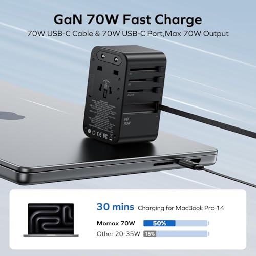 Image of MOMAX Universal Travel Adapter, International Power Plug Adapter with 1 USB C (PD 70W), 2 USB A Ports, 1USB-C Cable (PD 70W), All-in-One Worldwide Wall Charger for USA European UK AUS (Type C /G /A /I)