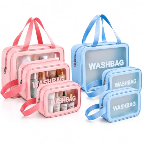 Image of MELVIS Makeup Pouch Bag for Women | Travel Toiletry Organizer Set of 3 | Waterproof Cosmetic Wash Bag with Clear Window | Portable Travel Kit Carry Pouch (Pink + Blue)