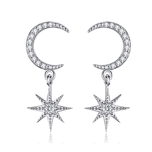 Angol Sterling Silver Drop &Dangle Moon Earrings, S925 Moon Drop Earrings with Cubic Zirconia, Crescent Moon Jewelry Dangling Earrings Hypoallergenic Jewelry for Women Teens with