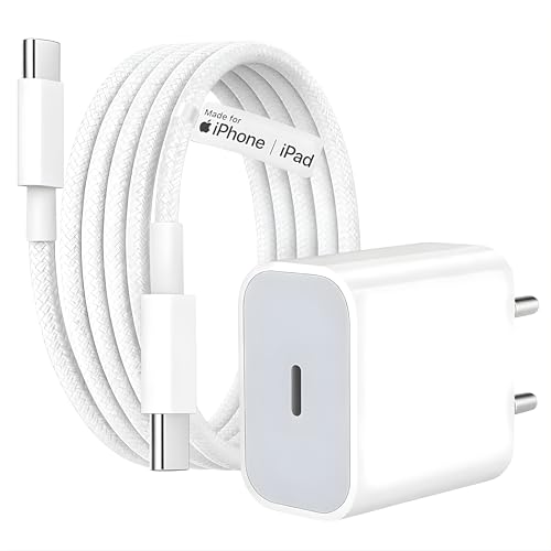 Image of 20W Original (MFi-Certified) Super Fast Charger Adapter & Type C to C Braided Cable, Compatible with iPhone 17 /17 Air /17 Pro /17 Pro Max /16 /15 Series, iPad & Other Devices I PD Wall Charger by Sakit
