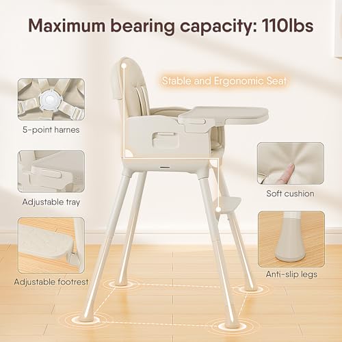 Image of Obee Odee 3-in-1 Portable Baby High Chair for Babies and Toddlers, Convertible Easy Clean Infant Foldable Highchair with Adjustable Legs & Dishwasher Safe Tray, Beige