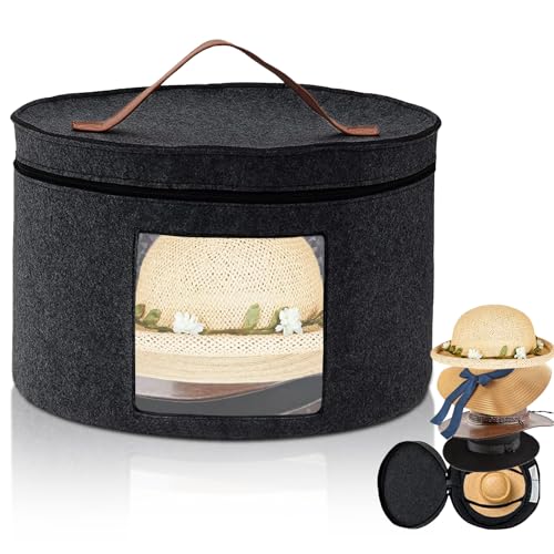 Cnwinu Caja redonda para sombreros con tapa, 43 x 26 cm, plegable y resistente al polvo, con cremallera, ventana transparente, protección contra la humedad, caja de almacenamiento de fieltro para