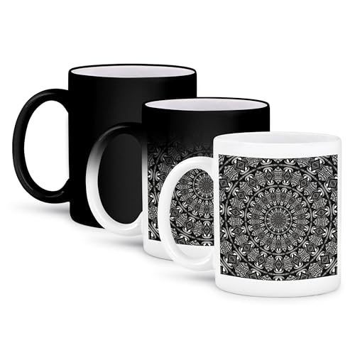 3dRose, Zentangle Tribal Monochrome Mandala Black, 11oz Magic Transforming Mug