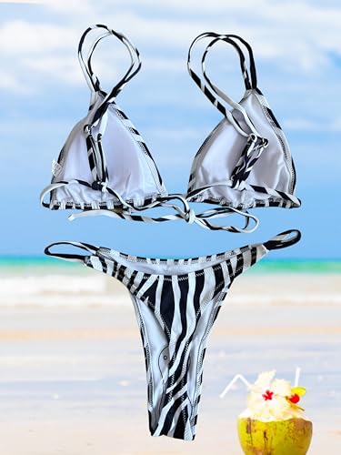 Image of Women's Sexy Thong Bottom Two Piece Bikini Double Shoulder Straps Cute Swimsuit Triangle Bathing Suit