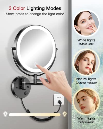 Gospire 9” Wall Mounted Lighted Makeup Vanity Mirror With 3 Color Lights & Stepless Dimming, 1X/10X Magnifying Led Double Sided Bathroom Touch Sensor Extendable Arm 360° Swivel Shaving Cosmetic Mirror #TOP2