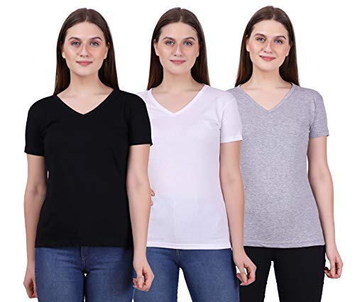 Image of FLEXIMAA Women's Cotton Plain V Neck Half Sleeve Black Purple & Grey Melange Color T-Shirt Size - Pack of 3