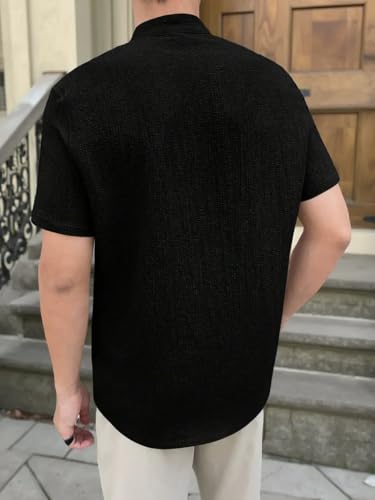 Image of Men's Solid Textured Half Sleeve Shirt with Stylish Buttons | Band Collar Casual Shirt for Summer Wear