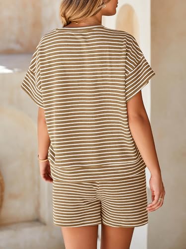 Image of Tankaneo Womens Pajama Sets Striped 2 Piece Lounge Sets Short Sleeve Oversized T Shirts Drawstring Shorts Matching Set