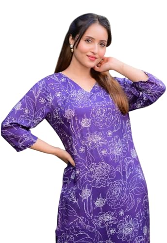 Ensemble kurta violet pour femme avec pantalon fluide en viscose imprimé floral