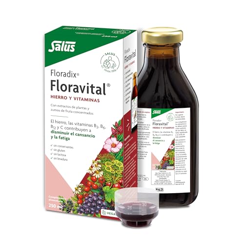 Salus - Floradix-Floravital Suplemento de Hierro Orgánico, en Formato de 250 ml, con Vitaminas B2, B6, B12 y C, para Reducir el Cansancio y la Fatiga, Versión Floradix para Celiacos