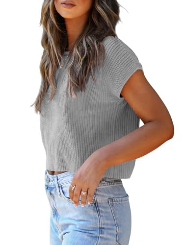 Image of LCXWFE Womens Summer Cropped Sweater Vest Trendy Cap Sleeve Crop Tops Crew Neck Loose Knit Tank Top
