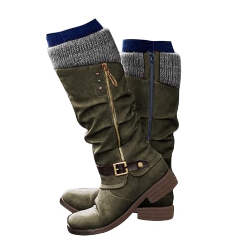 Knee High Boots for Women 2025,Chunky Heel Round Toe Comfortable Walking Hiking Booties Outdoor Shoes Mid Calf Flats Boots Sweater Knitted Cuff Fashion Side Zip Buckles Winter Boot2