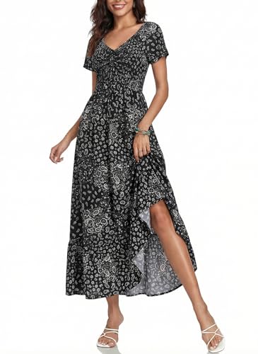 Image of Summer Smocked Boho Maxi Dress for Women 2026 Short Sleeve Floral Smocked Flowy Ruffled Beach Vacation Dresses Lightweight