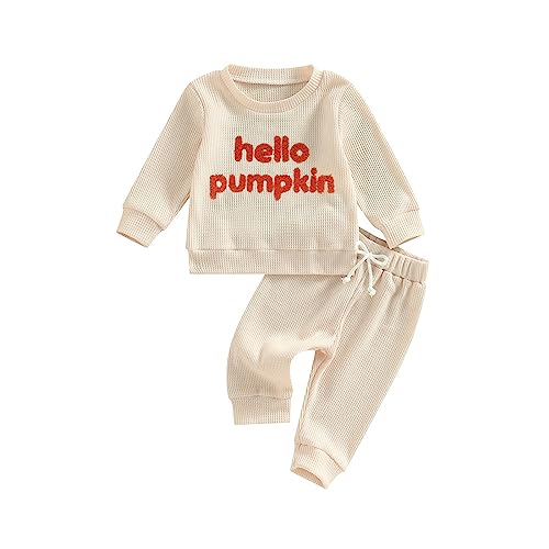 Image of Toddler Baby Girl Boy Fall Winter Waffle Outfit Set Letter Printed Long Sleeve Sweatshirt Tops + Pants