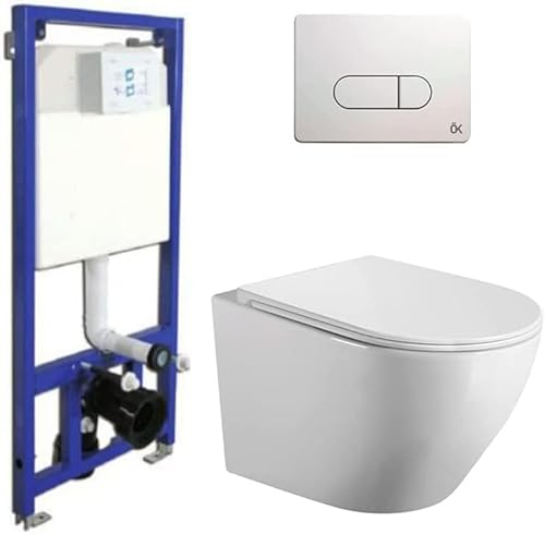 Pack Inodoro Suspendido + Cisterna Empotrada | Inodoro Empotrado con Fondo Reducido y Asiento Extrafino con Caida Amortiguada (Pack Wc Suspendido + Cisterna Empotrada + Pulsador Blanco)