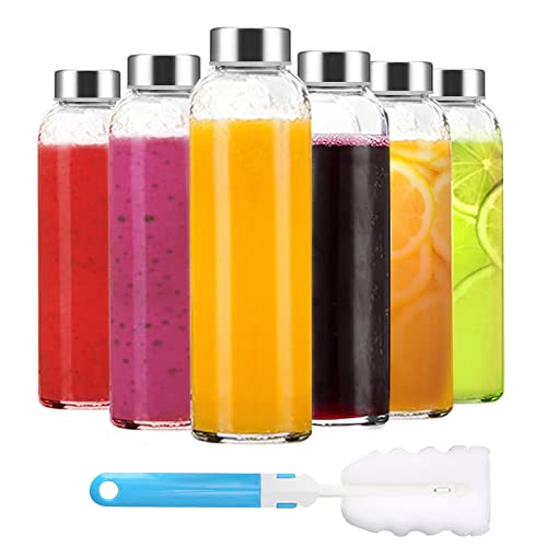 Clear Glass Bottles with Lids 18 oz, Reusable Glass Water Bottles with Stainless Steel Cap for Juicing, Refrigerator,100% Leak Proof, BPA Free, Juice Water Bottle Set of 6